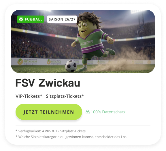 Finale Vereinskarte FSV Zwickau: grünes Fußball-Badge, Maskottchen-Foto, lime Button