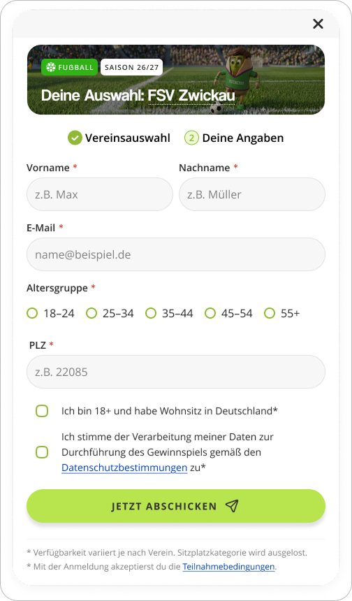 Formular nachher: Altersgruppen-Pills, PLZ, zwei getrennte Consents, Stepper