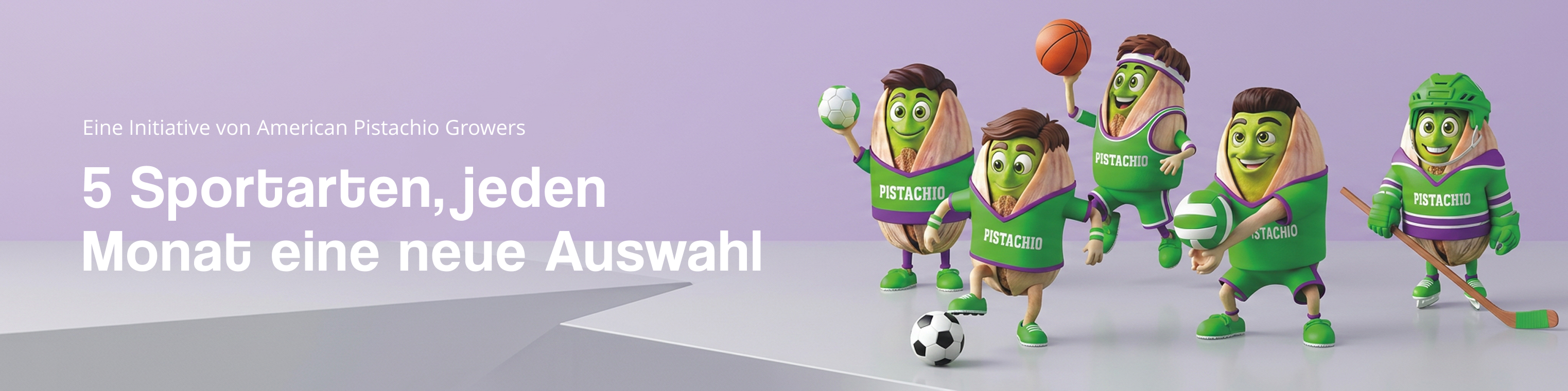 5 Sportarten, jeden Monat eine neue Auswahl – Pistazien-Maskottchen als Sportler