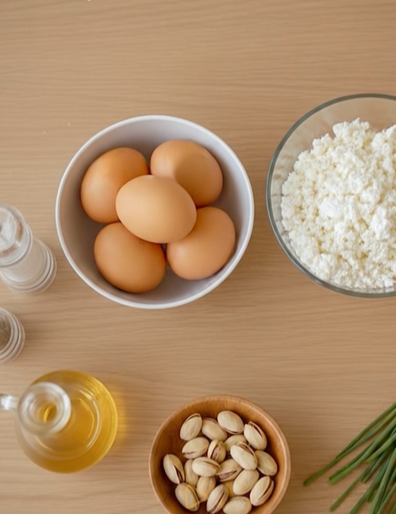 Zutaten von oben: Eier, Hüttenkäse, Pistazien, Öl